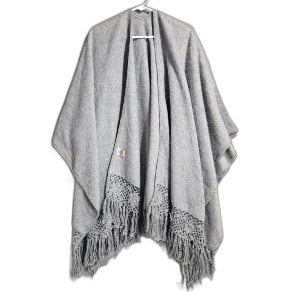 100% Alpaca Crochet Floral Trim Wool Shawl Soft Gray Boho Indie Fairycore - Picture 1 of 8